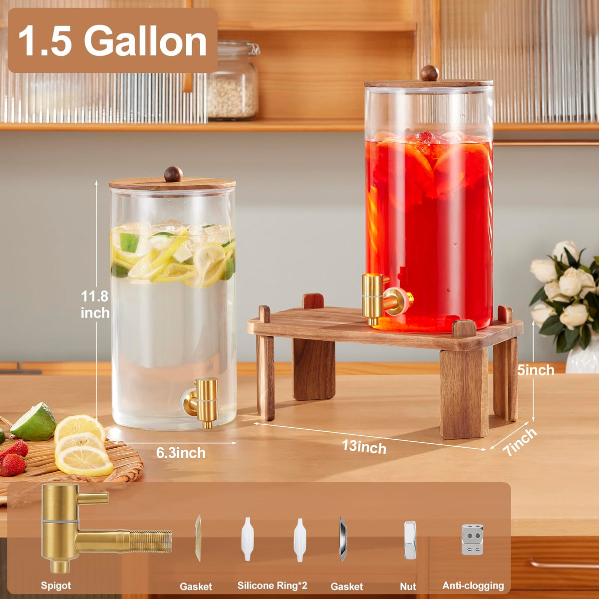 2pcs 1.5 Gallon Glass Drink Dispenser with Wood Stand K17113