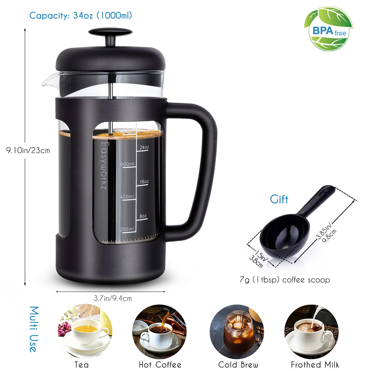 34 oz Stainless Steel French Press and Creamer Sugar Bowl Set Q291