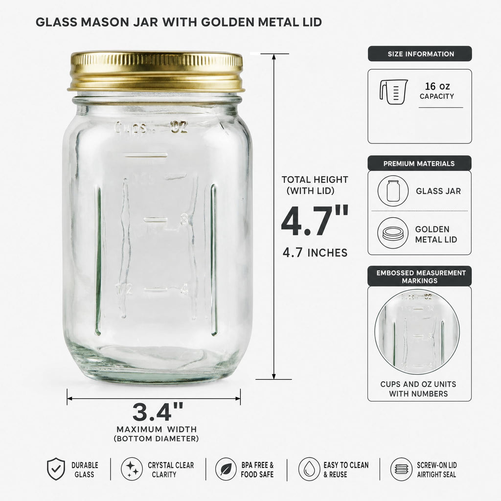 16 oz Glass Mason Jars with Lids and Bands, 12 Pack R20202