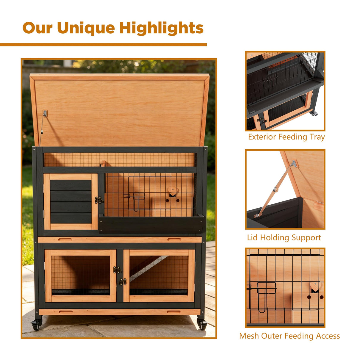 2-Tier Wooden Rabbit Hutch with Wheels Z20037