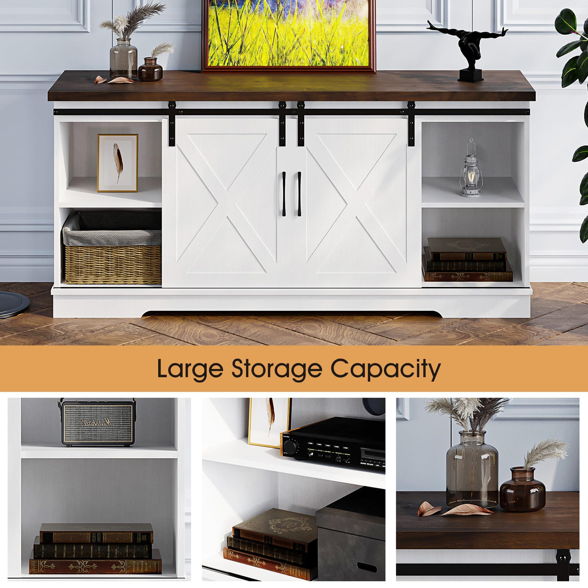 White Wood TV Stand with Sliding Barn Doors X4567