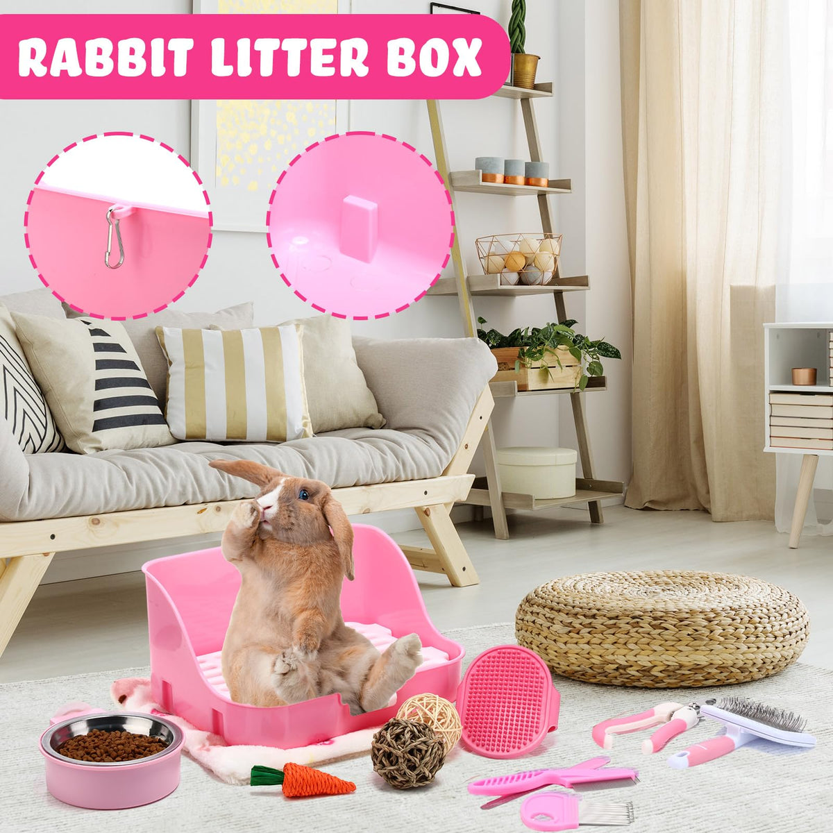 15 Pcs Rabbit Starter Kit Litter Box Grooming Kit Toys Bowl Blankets Cleaning Set Pink N50804