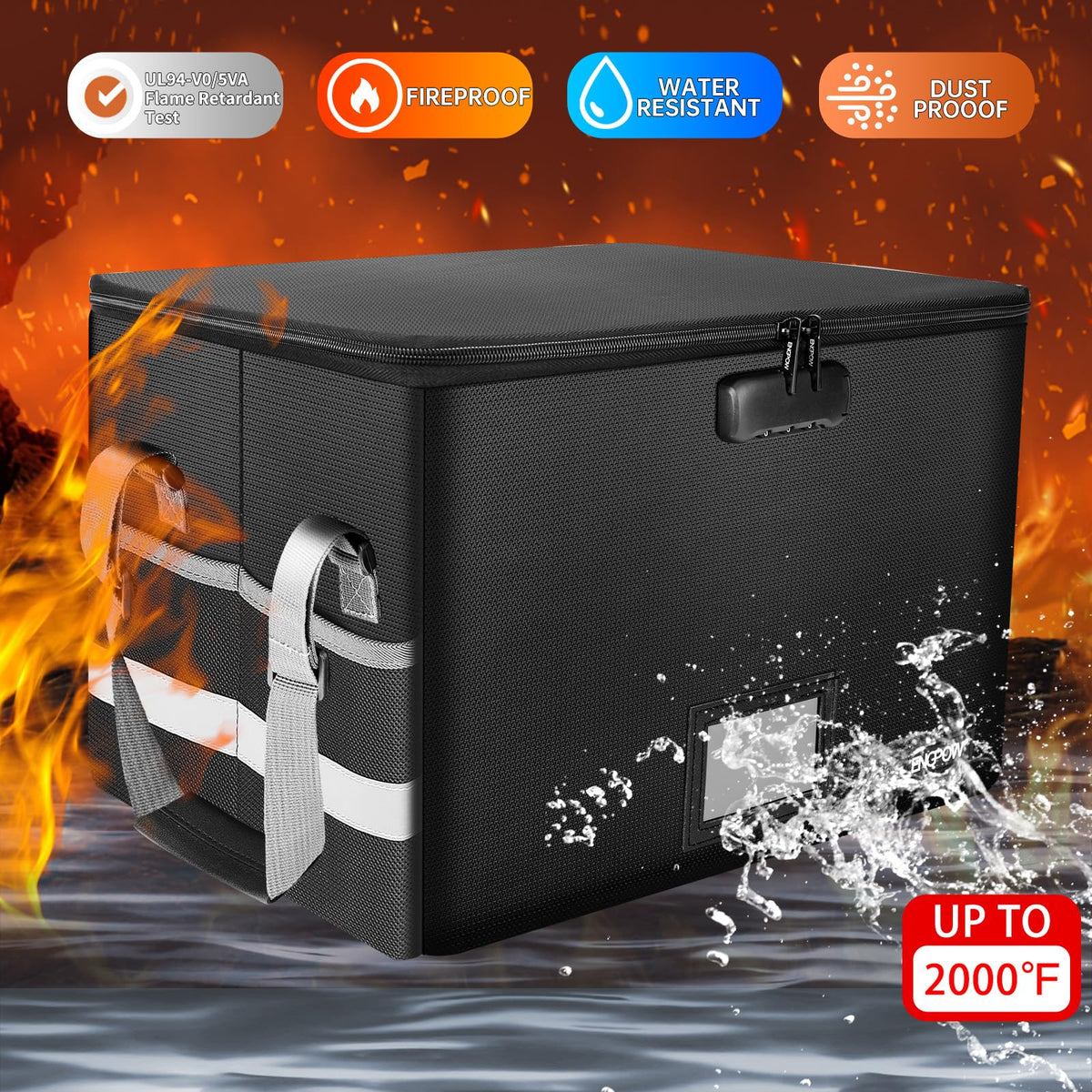 Black Fireproof Collapsible File Box with Lock L183