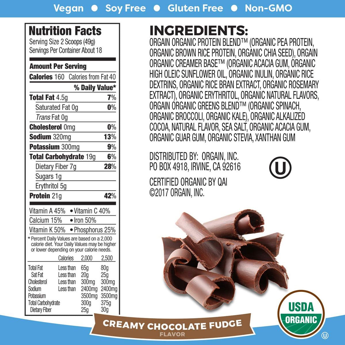Organic Vegan Protein Powder + Greens, Creamy Chocolate Fudge, Vanilla Bean V932588